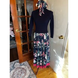 Dalia MacPhee Navy Blue Pleated Floral Dress with Matching Scarf